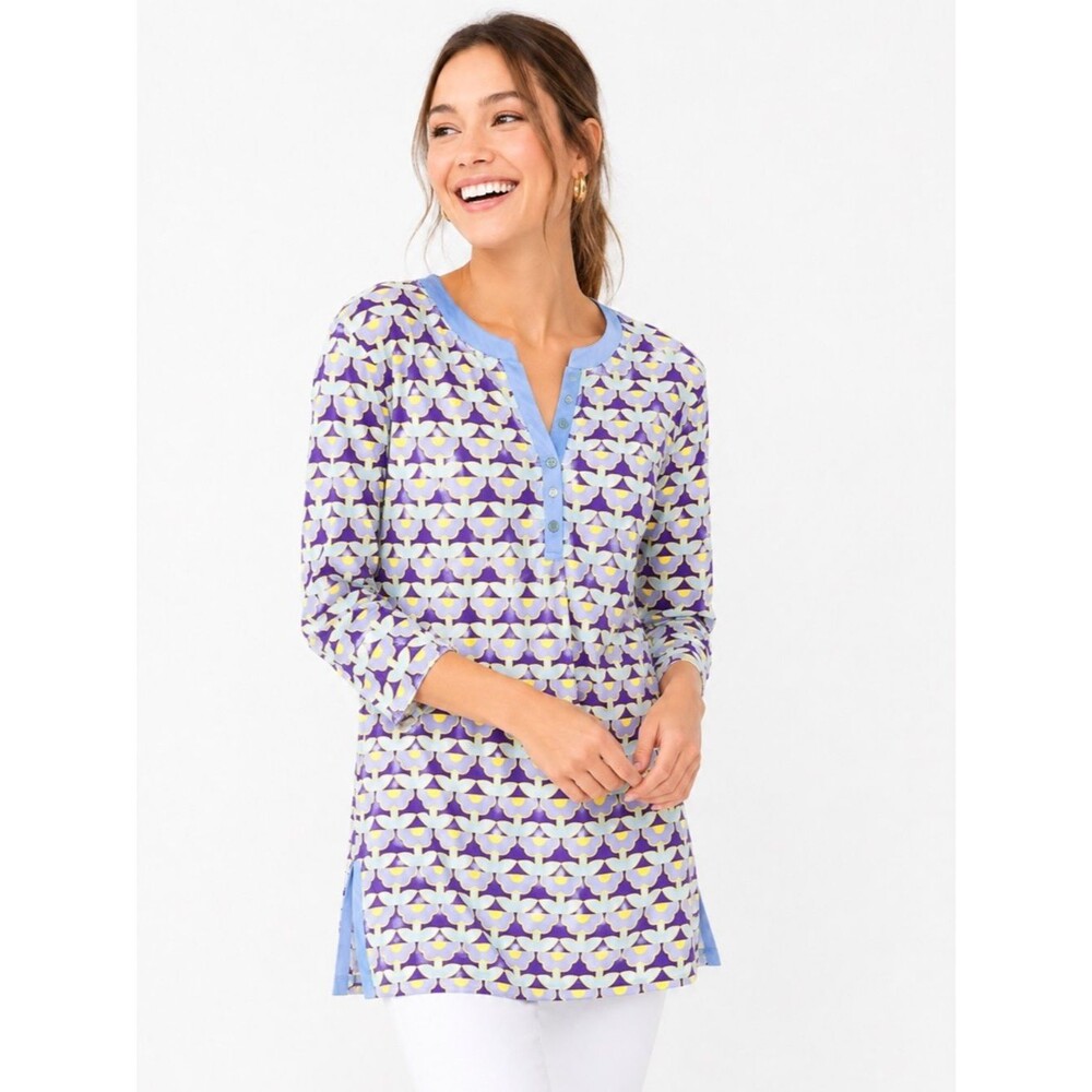 J.McLaughlin Catalina Cloth Womens Geometric Tunic Top Medium Purple Blue Preppy